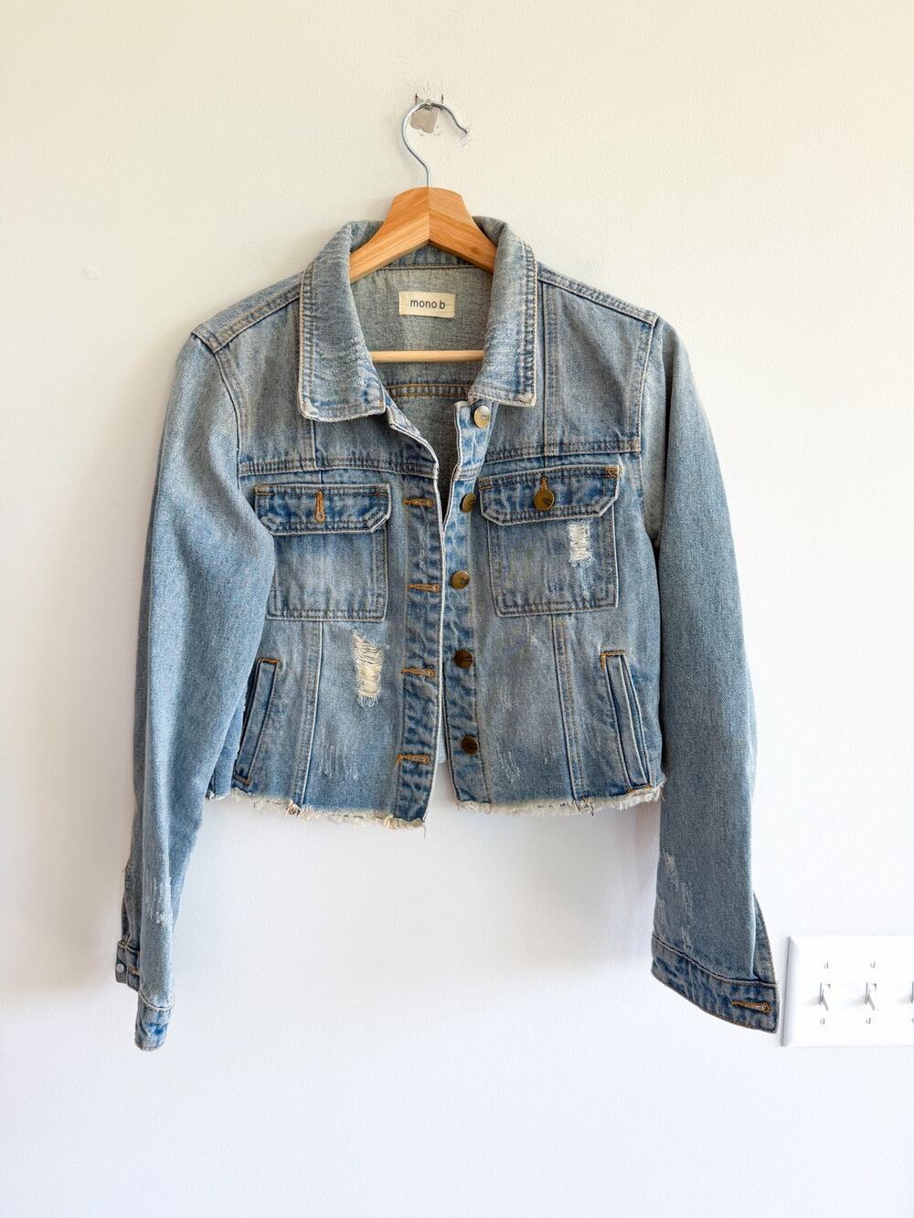 Mono B Distressed Light Wash Cropped Denim Jacket Blue M